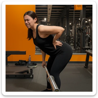 Edit the image of a less muscular woman performing a Romanian Deadlift (RDL) in a gym, side pose, wearing black sportswear, holding a barbell, with a back pain expression, one hand on the lower back, hyperrealistic 4K details, realistic gym environment. Variant 4: slightly change the inclination of the torso. sticker