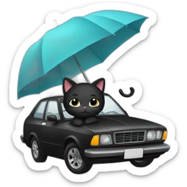 Black kitty car holding umbrella sticker