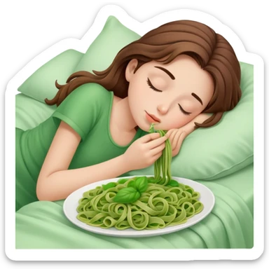 Brown haired girl eating green pasta asleep in bed sticker