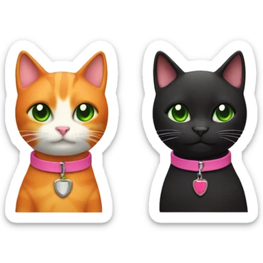 orange cat with green collar and black cat with pink collar  sticker