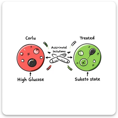 Anti-diabetic treatment visualization: hand-drawn diagram comparing high glucose state (red side) versus treated state (green side) with medication symbols, insulin receptors, and cellular glucose uptake. Colorful educational illustration with before/after comparison and labeled components. sticker