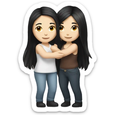 A lesbian couple that both have white skin and long black hair hugging intimately, and romantically. sticker