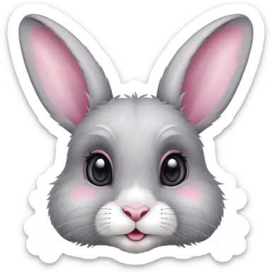 "A lively and expressive young rabbit with soft, fluffy fur in shades of gray and white. He has large, bright eyes full of mischief and curiosity, long ears that perk up attentively, and a small pink nose sticker