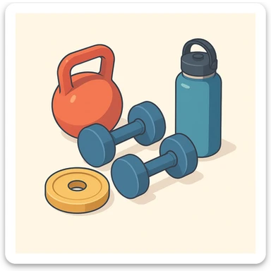 isometric 3d illustration of fitness equipment: weights and a hydroflask, soft shadows, no text sticker