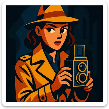 1930s private detective woman wearing trench coat and fedora hat, holding vintage camera, film noir atmosphere, expressive illustrative style sticker