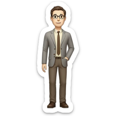 Full height Gesticulating Pale skinned fit man with dark brown hair in gray jacket, beige office shirt, brown tie, brown pants and vintage glasses. sticker