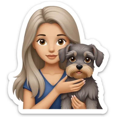 Beautiful long-haired Caucasian woman holding a schnauzer sticker