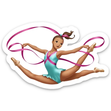 A graceful rhythmic gymnast performing with a flowing ribbon, executing an elegant leap mid-air. The pose exudes flexibility, balance, and artistry. The background suggests a competition arena with soft lighting, emphasizing movement, precision, and the beauty of the sport. sticker