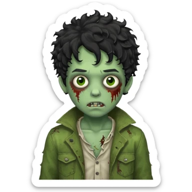 boy zombie with black curly hair, classic green skin, tattered clothes sticker
