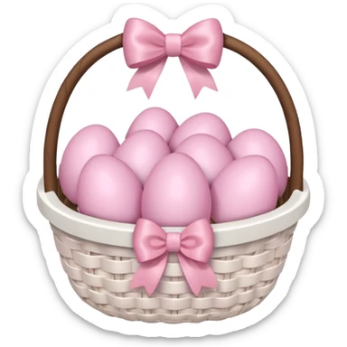 white basket full of light pink easter eggs with a light pink bow at the center sticker
