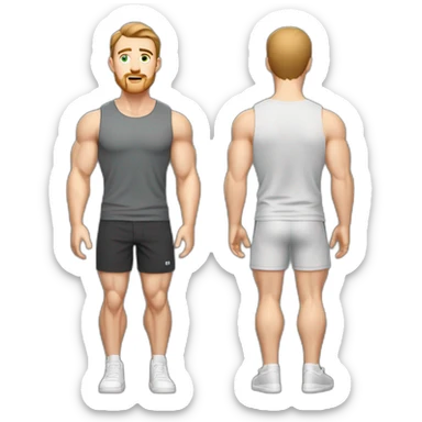 Full height Pale skinned muscular man With Realistic eyes and mouth, light brown hair and stubble In dark gray sleeveless mike, black oversize sports shorts, watch and white sneakers. sticker