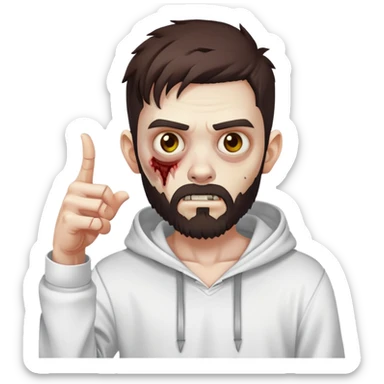 zombie pointing finger, undercut hairstyle with dark brown hair, short full beard, wearing plain white hoodie sticker