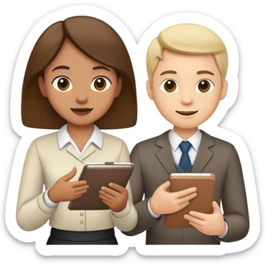 Two team members facing each other, one holding a notepad and the other gesturing, in a collaborative pose sticker