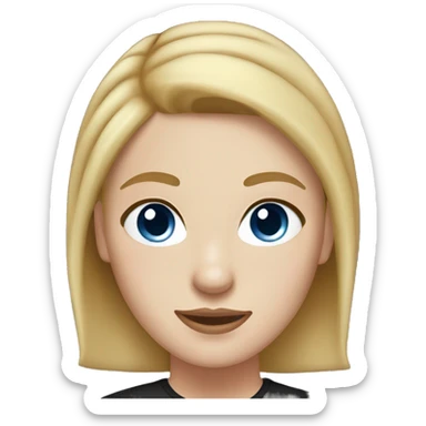 a woman with freckles, blue eyes, light skin, blonde straight hair with a bun. black shirt. sticker