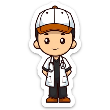 Brown doctor with black baseball cap sticker