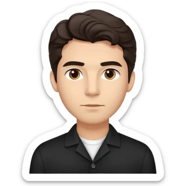 He’s a man with light to medium skin, a defined oval face, full brows, deep-set eyes, and wavy short dark brown tall hair styled with height, sides are trimmed. expression calm and focused relaxed black open-collar .polished, articulate, and coach vibe. sticker