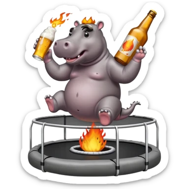 Hippo on trampoline while on fire and drinking beer sticker