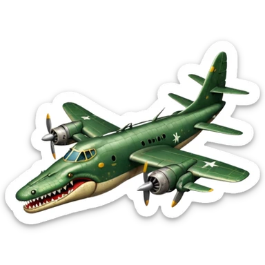 surreal hybrid with a crocodile's head mouth open sharp teeth merged with the metallic body of a WWII bomber plane including wings and propellers absurd satirical emoji style sticker