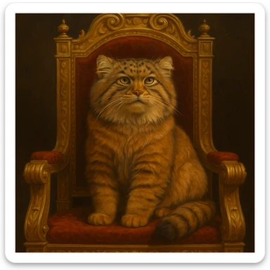 A brown-orange Pallas's cat (Manul) sitting on a royal throne, looking majestic sticker