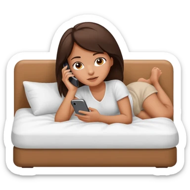 Brunette girl laying on white cozy bed on phone sticker