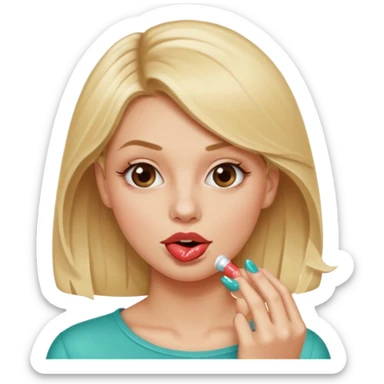 👁️🫦👁️💁🏼‍♀️ aguicheuse. elle se mord le coin de la lèvres. Elle est blonde. Ongles vernis marrons. Elle mâche un chewing-gum  sticker