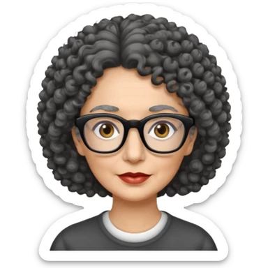 femme 60 ans cheveux gris foncé très bouclé et yeux marrons foncé, lunettes rectangle noir sticker