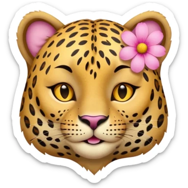 eyes closed, A leopard with peaceful smile, A pink flower with a yellow center is tucked behind its right ear
 sticker