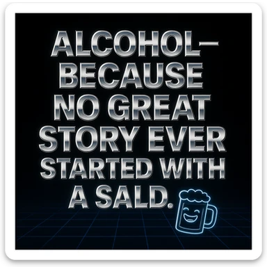 Simplify the vaporwave card: use a minimal neon grid background, one drink icon, and bold chrome text for the quote. Remove extra graphics and keep the color palette clean and limited. sticker