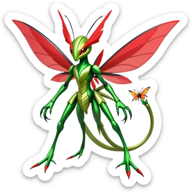  Cool Edgy Shiny Futuristic Ethereal Legendary Scizor-Kartana-Digimon-Schyther-Flygon-hybrid full body with butterfly wings sticker