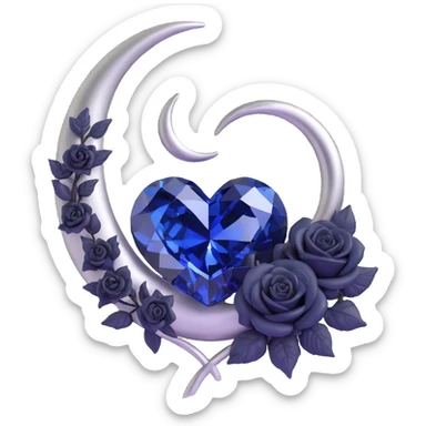 3D emoji gothic heart, midnight blue crystal, silver crescent moon, tiny black roses, mysterious and rich sticker