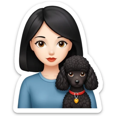 A beautiful girl with fair skin has long straight black hair and a miniature reddish-black Poodle  sticker