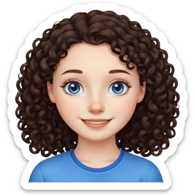 girl with dark brown curly hair, pale skin, blue eyes, some freckles sticker