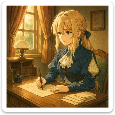 Violet Evergarden, writing a letter at a vintage desk, sunlight streaming in, detailed anime style sticker