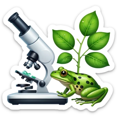 An icon featuring a DNA strand, a microscope with visible cells, and a green leaf, symbolizing biology. The design includes animal cells, plant structures, and a frog, representing the study of living organisms and ecosystems. Transparent background highlights life sciences and biological research. sticker