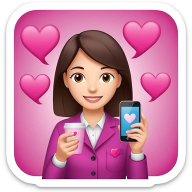 Social media manager. She has dark brown hair, brown eyes, a friendly smile. She is holding a smartphone and a coffee cup. Include subtle marketing elements like small icons of hashtags or a speech bubble with a heart. Use vibrant colors with a focus on pink and fuchsia tones. sticker