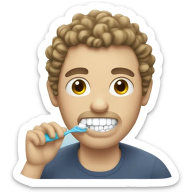 White man with curly short hair brushing his teeth sticker
