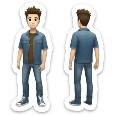 white male adult, Dark Brown Spikey Hair, Pokemon T-Shirt, Blue Jeans, Converse shoes sticker