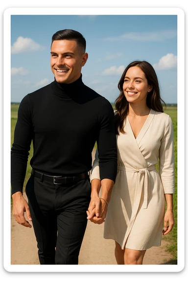a couple walks together along a path, the man gently leading the way while the woman follows with trust and a smile. Both appear confident and content, symbolizing partnership and mutual respect. The background is a bright, open landscape, evoking a sense of shared journey and harmony. sticker
