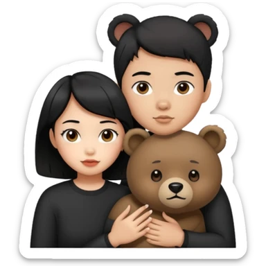 An elegant bear in love with a sexy Asian girl with short hair wearing black sticker