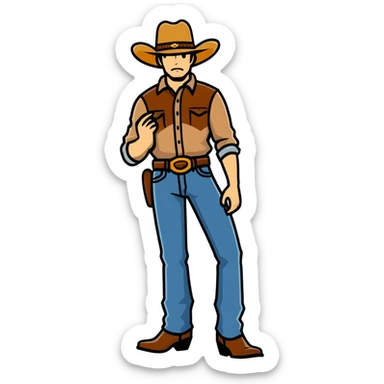 Beef stick wearing boot cut jeans and a cowboy hat sticker