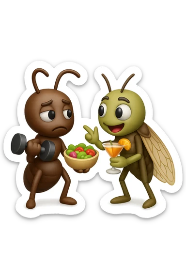 EMOJI STILE IPHONE 3D DI una cicala e una formica che parlano tra loro, la formica ha nella mano destra un manubrio da palestra e nella nella mano sinistra una bowl di insalata, la cicala invece ha un cocktail in mano, la cicala prende in giro la formica, non fare i fumetti però sticker