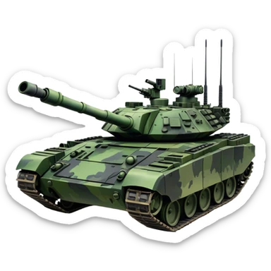 T-90M (2022) – Cinematic-realistic T-90M tank, its angular black and green camouflage slicing through a muddy battlefield. The reactive armor panels gleam under missile flashes, and its remote-controlled machine gun turret swivels as it advances through a smoldering village, leaving deep tracks in the scorched earth. sticker