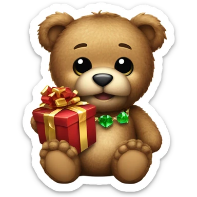 gruff teddy bear holding a gift that sparkles and a shot glass of liquor  sticker