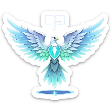 Holographic Falcom in brand color #AAD4C4. It stands proudly with wings slightly lifted in front of touchboard glass screen. A small glowing "REC" button floats next to it. It's confident, energized. There is a J letter on his chest in color #EF7F33. Light holographic outlines and slight neon glow sticker
