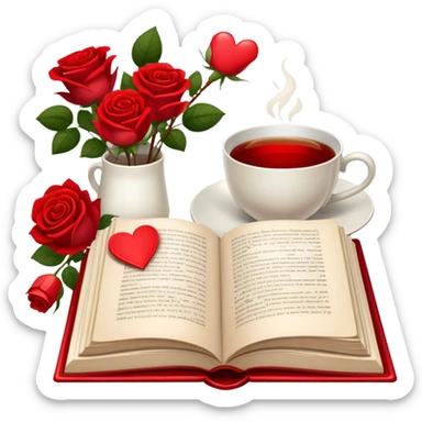 Icon for Romance Reading: an open book with a heart-shaped bookmark, surrounded by roses, a love letter, and a cup of tea. The icon should evoke the warmth, passion, and emotional depth of a love story. Transparent background sticker