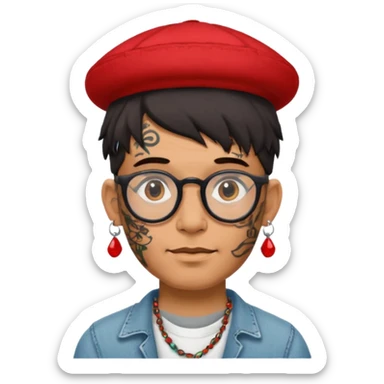 unique looking tourist with big unique red tourist hat and earrings, man with lots of tattoes and spectacles, hair showing sticker