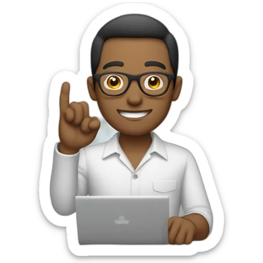 man wearing glasses and holding a computer in his right hand and signaling OK with his left hand sticker