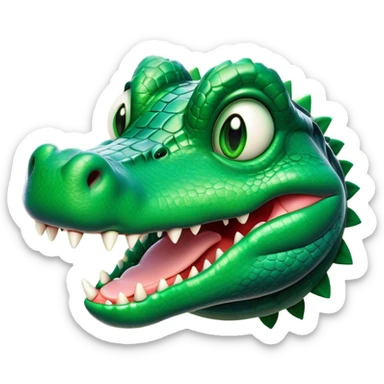 Cinematic Comical Crocodile Portrait Emoji, Head tilted dramatically with an exaggeratedly amused expression, featuring a striking, glossy emerald-green hide with bold textured scales and wide, expressive eyes filled with playful disbelief, Simplified yet hilariously expressive features, highly detailed, glowing with a slightly sassy glow, high shine, dramatic yet playful, stylized with an air of cheeky mischief, bright and endearing, soft glowing outline, capturing the essence of a spirited and over-the-top crocodile, so meme-worthy it feels like it could snap its jaws into internet fame instantly! sticker