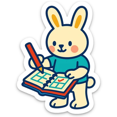 cream bunny writing in planner, standing, vibrant-toon style sticker