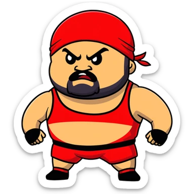 White skin fat guy with prominent black durag, short black beard, black eyes in a red and black wrestling singlet with angry face sticker